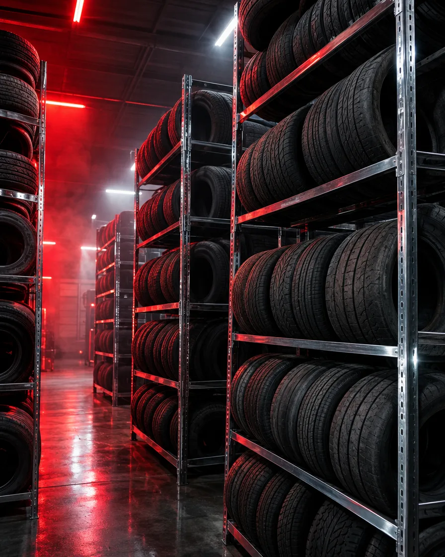 Racks of tires sorted by size in red light
