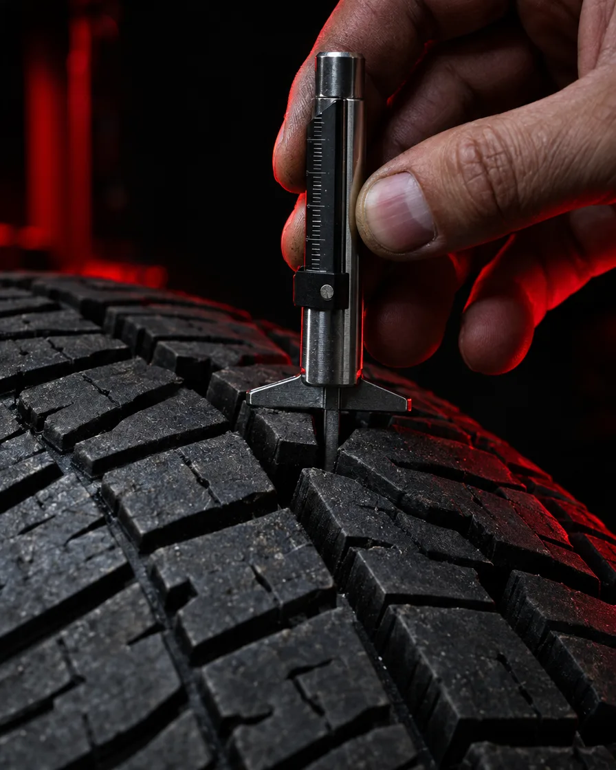 A tread depth gauge checking a used tire